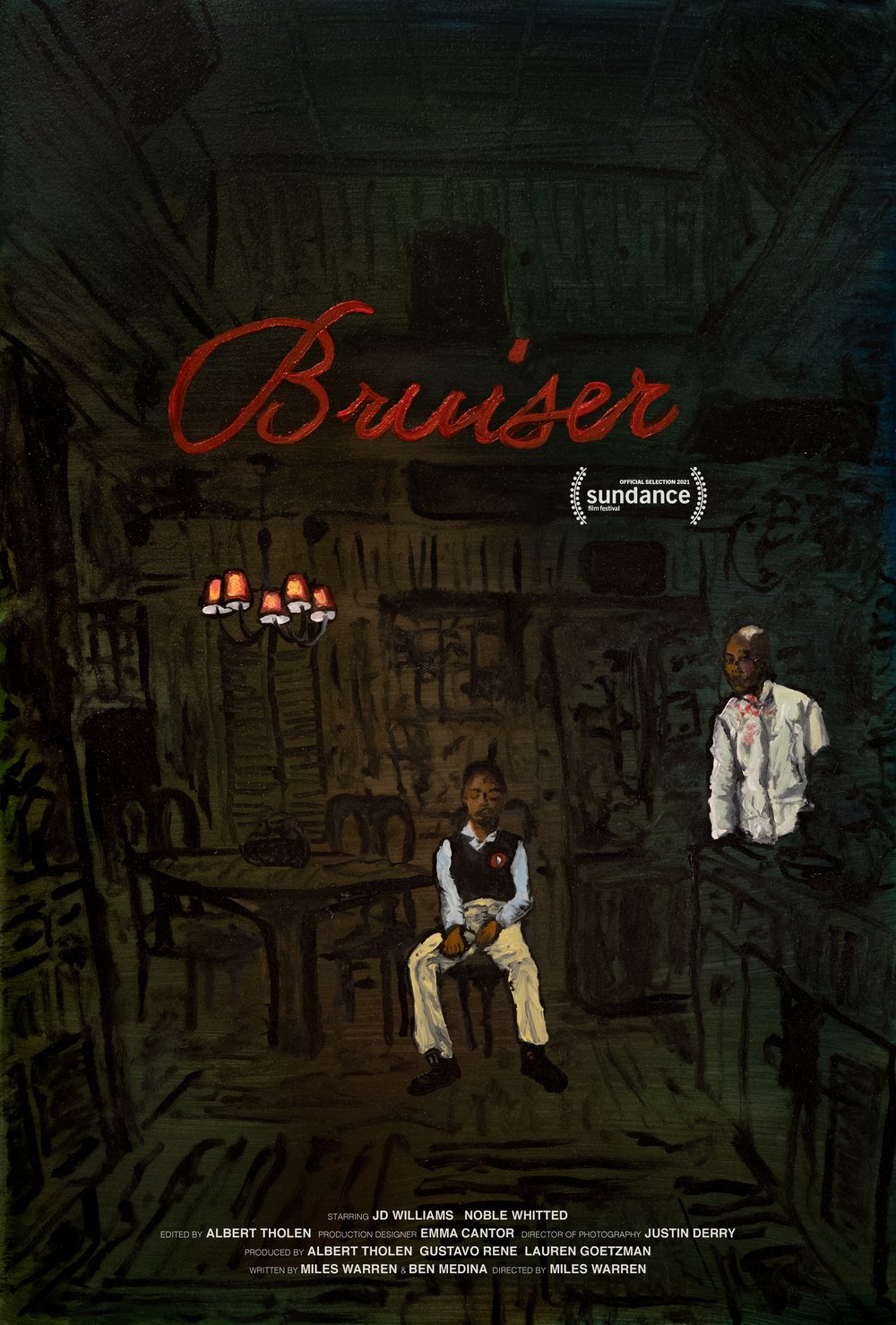 Poster for Bruiser, a painted scene of two figures in a dim room, official selection Sundance 2021.