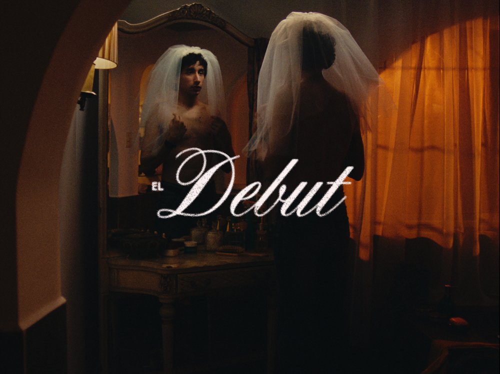 Poster for El Debut, a still of two figures in wedding veils facing a mirror.