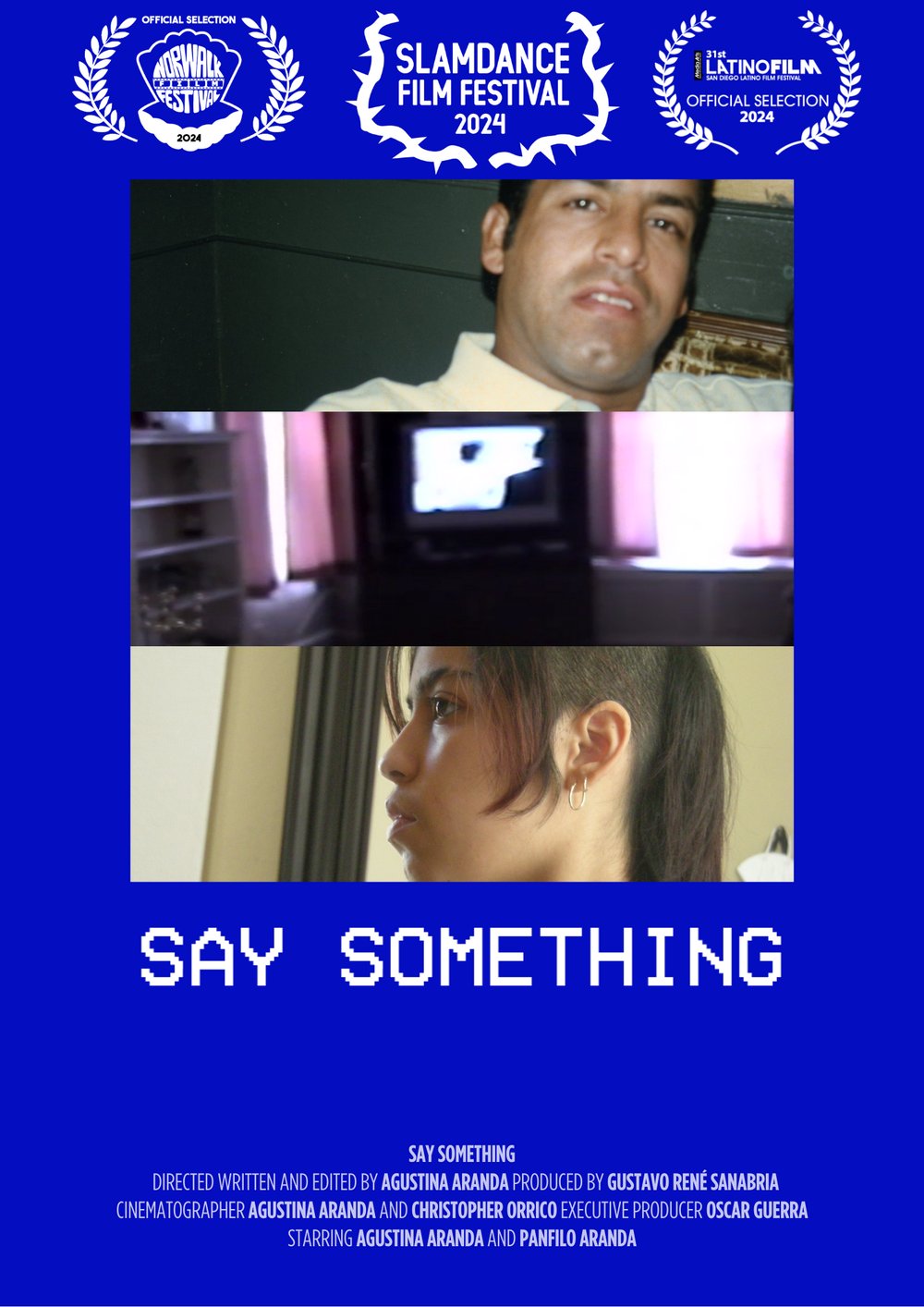 Poster for Say Something, a blue poster with three stacked archival-style photos.