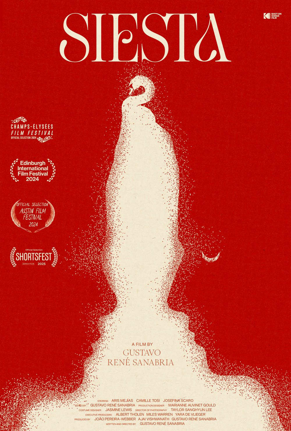 Poster for Siesta, a red poster with a dust-formed silhouette of a swan.